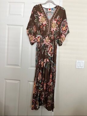 Anthropologie Brown Floral V-Neck Maxi with Multicolor Blooms